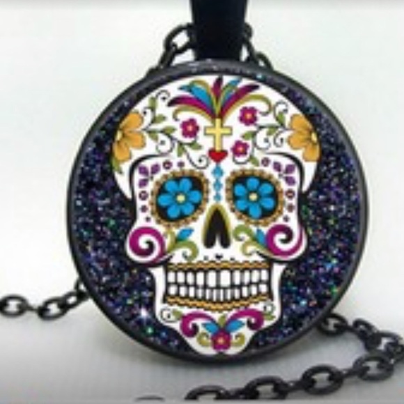 Sugar Skull Necklace Glass Cabochon Raised Glass Black 19 inch Chain Multicolor - Picture 1 of 10